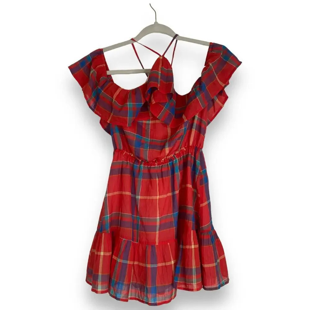 TULAROSA Red Plaid Ruffle Mini Dress Halter Picnic Summer Revolve Small